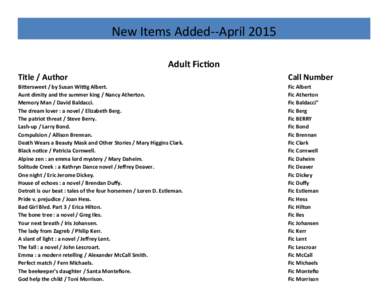 New Items Added--April 2015 Adult Fiction Title / Author Call Number