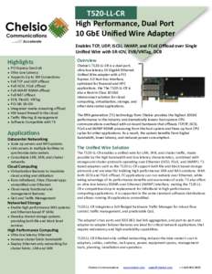 T520%LL%CR High-Performance,-Dual-Port10-GbE-Uniﬁed-Wire-Adapter! Enables-TCP,-UDP,-ISCSI,-iWARP,-and-FCoE-Oﬄoad-over-SingleUniﬁed-Wire-with-SR%IOV,-EVB/VNTag,-DCB  Highlights•