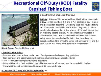 Recreational Off-Duty (ROD) Fatality Capsized Fishing Boat E-9 and Contract Employee Drowning Activity: A Boston Whaler rented from MWR with 4 personnel 2 Navy service members (E-9 and E-7), 1 contractor boat captain and