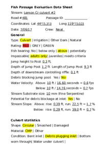 Fish Passage Evaluation Data Sheet Stream: Lemon Cr culvert #2 Road #481 Passage ID: _______________