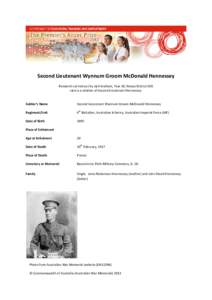 Second Lieutenant Wynnum Groom McDonald Hennessey Research carried out by Jack Graham, Year 10, Noosa District SHS Jack is a relative of Second Lieutenant Hennessey. Soldier’s Name