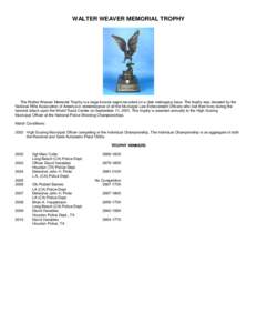 WALTER WEAVER MEMORIAL TROPHY  The Walter Weaver Memorial Trophy is a large bronze eagle mounted on a dark mahogany base. The trophy was donated by the National Rifle Association of America in remembrance of all the Muni