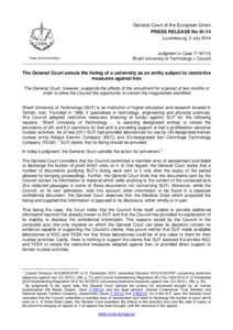 General Court of the European Union PRESS RELEASE No[removed]Luxembourg, 3 July 2014 Press and Information