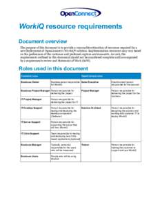 WorkiQ resource requirements Document overview The purpose of this document is to provide a reasonable estimation of resources required for a new deployment of OpenConnect’s WorkiQ® solution. Implementation resources 