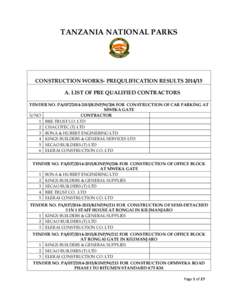 TANZANIA NATIONAL PARKS  CONSTRUCTION WORKS- PREQULIFICATION RESULTSA. LIST OF PRE QUALIFIED CONTRACTORS TENDER NO. PAKINP/W/204 FOR CONSTRUCTION OF CAR PARKING AT MWEKA GATE