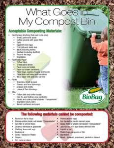 What Goes in My Compost Bin Acceptable Composting Materials: •	 Food Scraps (Anything that used to be alive) •	 Bread, grains and pasta •	 Coffee grounds with paper filter
