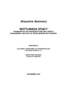 Executive Summary “BOTTLENECK STUDY” TRANSPORTATION INFRASTRUCTURE AND TRAFFIC MANAGEMENT ANALYSIS OF CROSS BORDER BOTTLENECKS  PREPARED BY