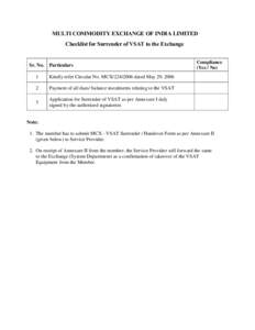MULTI COMMODITY EXCHANGE OF INDIA LIMITED Checklist for Surrender of VSAT to the Exchange Sr. No.  Particulars