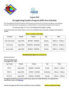 August 2016 Strengthening Families Program (SFP) Class Schedule The Strengthening Families Program (SFP) teaches practical skills to parents/caregivers and children. Classes are broken down by age group, as outlined belo