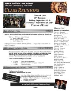 Class of 1984 30th Reunion Friday, September 19 & Saturday, September 20, 2014 Program of Events Back to School – Friday