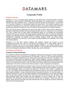 Corporate Profile Company Overview Datamars is one of the leading global suppliers of high performance unique-identification solutions, specializing in radio frequency identification (RFID) technology. Our enduring focus