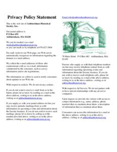 Privacy Policy Statement  Email  This is the web site of Ashburnham Historical Society, Inc..