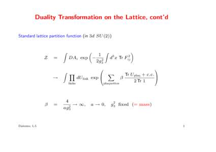 Duality Transformation on the Lattice, cont’d Standard lattice partition function (in 3d SU (2)) Z  Z