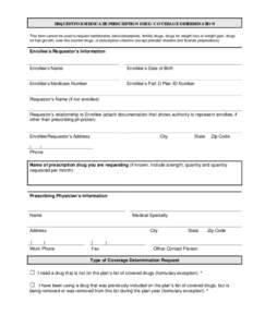 REQUEST FOR MEDICARE PRESCRIPTION DRUG COVERAGE DETERMINATION This form cannot be used to request barbiturates, benzodiazepines, fertility drugs, drugs for weight loss or weight gain, drugs for hair growth, over-the-coun