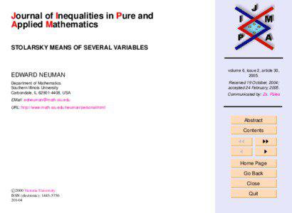 Journal of Inequalities in Pure and Applied Mathematics STOLARSKY MEANS OF SEVERAL VARIABLES