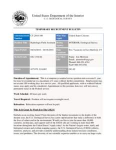 United States Department of the Interior U. S. GEOLOGICAL SURVEY TEMPORARY RECRUITMENT BULLETIN Announcement CTNumber