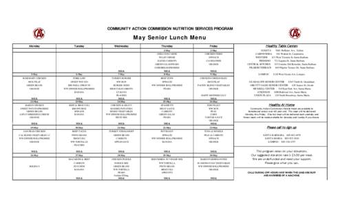 COMMUNITY ACTION COMMISSION NUTRITION SERVICES PROGRAM  May Senior Lunch Menu Monday  Tuesday