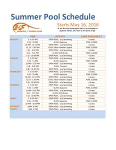 Summer Pool Schedule Starts May 16, 2016 To use the pool during Open Pool or to participate in Aquacize classes, you must be 18+ years of age.  MONDAY