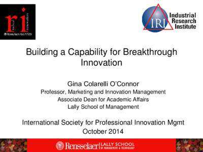 Building a Capability for Breakthrough Innovation Gina Colarelli O’Connor Professor, Marketing and Innovation Management Associate Dean for Academic Affairs Lally School of Management