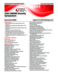 Announcement and Call for Papers	  www.usenix.org/sec15/cfp 24th USENIX Security Symposium