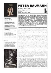 PETER BAUMANN ROMANCE 76 Reissue. Original von 1976 CD / Vinyl  VÖ: 18. November, 2016