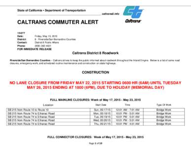 State of California • Department of Transportation ____________________________________________________ caltrans8.info CALTRANS COMMUTER ALERTDate: