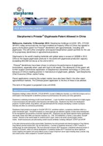 Starpharma obtains Glyphosate Patent in China