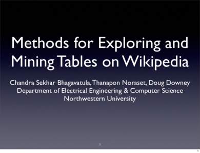 Methods for Exploring and Mining Tables on Wikipedia Chandra Sekhar Bhagavatula, Thanapon Noraset, Doug Downey Department of Electrical Engineering & Computer Science Northwestern University