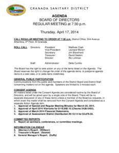 GRANADA SANITARY DISTRICT  AGENDA BOARD OF DIRECTORS REGULAR MEETING at 7:30 p.m. Thursday, April 17, 2014