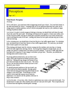 Perception Page 1 of 2 Visual Search / Perception Scanning To be a safe driver, you must know what is happening around your vehicle. You must look ahead, to the sides and behind the vehicle. Scanning helps you to see pro