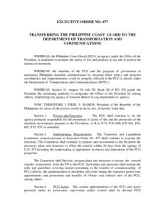 EXCEUTIVE ORDER NOTRANSFERRING THE PHILIPPINE COAST GUARD TO THE DEPARTMENT OF TRANSPORTATION AND COMMUNICATIONS