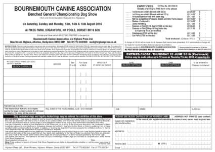 VAT Reg NoDetails referring to THIS form only please ENTRY FEES  BOURNEMOUTH CANINE ASSOCIATION