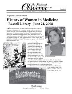 June 2008 Newsletter Of the Middlesex County Historical Society Program Announcement  History of Women in Medicine