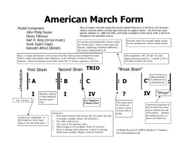American March Form Model Composers: John Philip Sousa Henry Fillmore Karl H. King (circus music) Scott Joplin (rags)