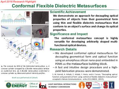 April 2016 Research Highlight  Conformal Flexible Dielectric Metasurfaces Scientific Achievement We demonstrate an approach for decoupling optical properties of objects from their geometrical form
