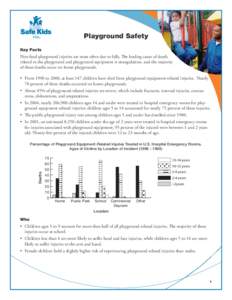 Playground Safety Key Facts Non-fatal playground injuries are most often due to falls. The leading cause of death related to the playground and playground equipment is strangulation, and the majority of these deaths occu
