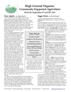 High Ground Organics Community Supported Agriculture Week 26, September 9th and 10th, 2015 Farm Update,  Veggie Notes, by Sarah Brewer