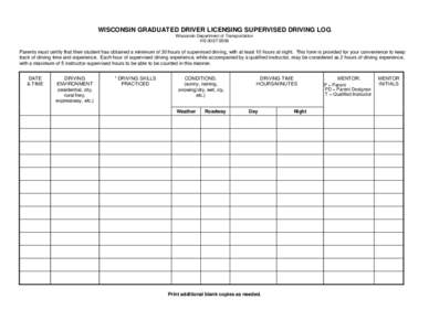 Wisconsin Graduated Driver Licensing Supervised Driving Log