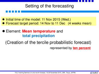 Setting of the forecasting  Initial time of the model: 11 NovWed.)  Forecast target period: 14 Nov to 11 Dec (4 weeks mean)  Element: Mean temperature and total precipitation