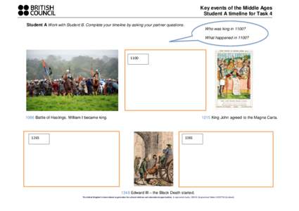Key events of the Middle Ages Student A timeline for Task 4 Student A Work with Student B. Complete your timeline by asking your partner questions. Who was king in 1100? What happened in 1100?