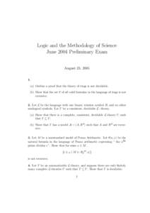 Logic and the Methodology of Science June 2004 Preliminary Exam August 23, a) Outline a proof that the theory of rings is not decidable. (b) Show that the set V of all valid formulae in the language of rings is 
