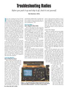 Troubleshooting Radios Before you pack it up and ship it off, check it out yourself. Mal Eiselman, NC4L I 