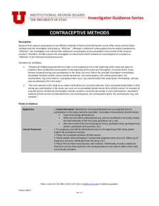 INSTITUTIONAL REVIEW BOARD THE UNIVERSITY OF UTAH Investigator Guidance Series  CONTRACEPTIVE METHODS