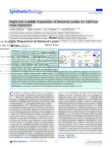 Letter pubs.acs.org/synthbio Rapid and Scalable Preparation of Bacterial Lysates for Cell-Free Gene Expression Andriy Didovyk,†,‡ Taishi Tonooka,†,‡ Lev Tsimring,*,†,‡ and Jeﬀ Hasty*,†,‡,∥,§