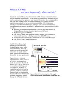 What is ICP-MS? … and more importantly, what can it do? Inductively Coupled Plasma Mass Spectrometry or ICP-MS is an analytical technique used for elemental determinations. The technique was commercially introduced in 