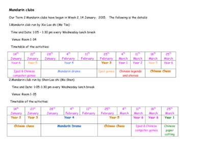 Mandarin clubs Our Term 2 Mandarin clubs have begun in Week 2, 14 January，2015. The following is the details: 1.Mandarin club run by Xie Lao shi (Ms Tse) : Time and Date: 1:05 – 1:30 pm every Wednesday lunch break Ve