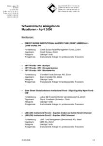 Schweizerische Anlagefonds Mutationen - April 2006 Bewilligungen: •  CREDIT SUISSE INSTITUTIONAL MASTER FUND (CSIMF) UMBRELLA CSIMF Bonds JPY