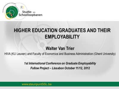 HIGHER EDUCATION GRADUATES AND THEIR EMPLOYABILITY Walter Van Trier HIVA (KU Leuven) and Faculty of Economics and Business Administration (Ghent University)  1st International Conference on Graduate Employability