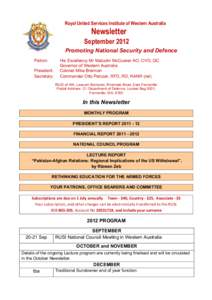 Royal United Services Institute of Western Australia  Newsletter September 2012 Promoting National Security and Defence Patron: