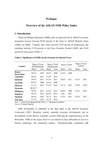 Prologue Overview of the ASEAN SME Policy Index 1. Introduction Small and Medium Enterprises (SMEs) play an important role in ASEAN economic integration because betweenpercent of the firms in ASEAN Member States (